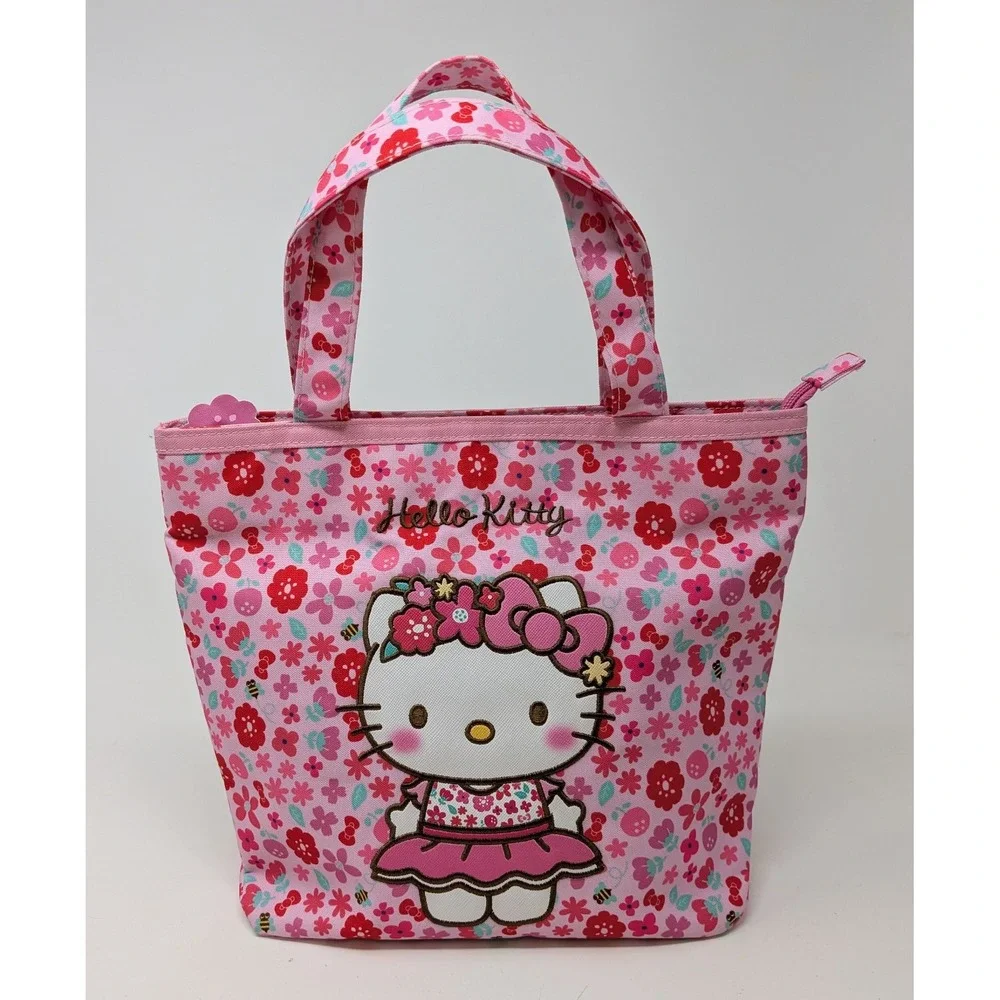 Sanrio Hello Kitty Hand Bag Purse Small Canvas Tote Pink Floral Flowers Kawaii